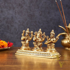 Pure Brass Superfine Ganesh Lakshmi Saraswati Idol - 4" Height
