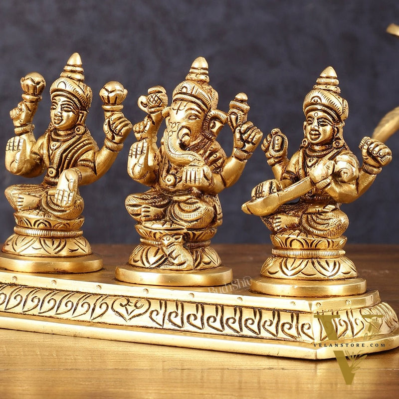Pure Brass Superfine Ganesh Lakshmi Saraswati Idol - 4" Height
