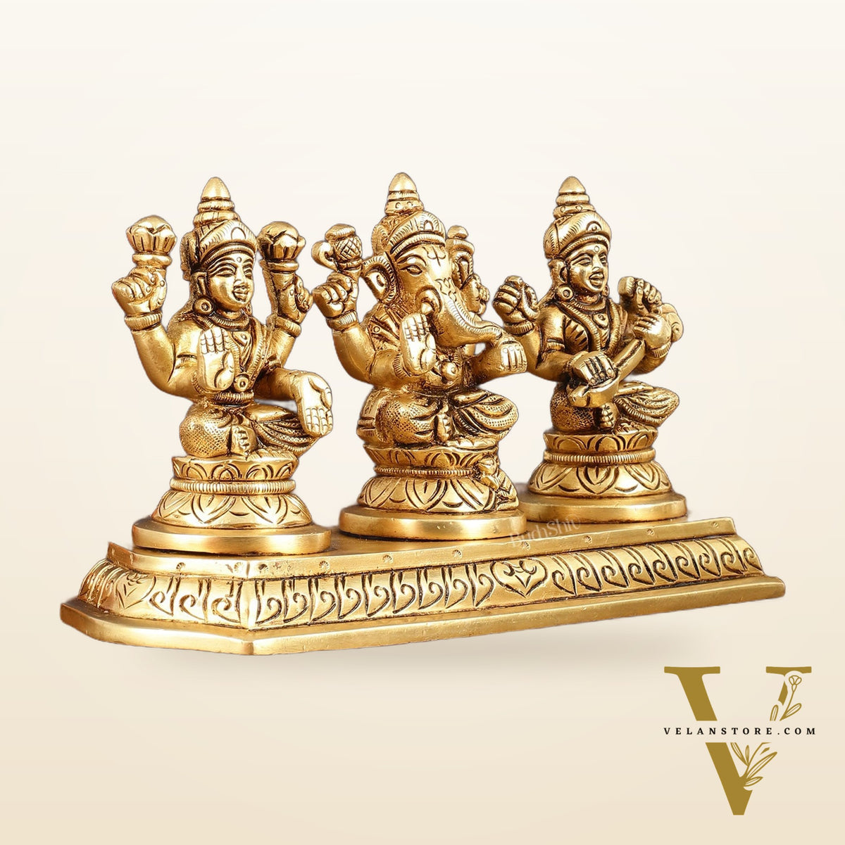 Pure Brass Superfine Ganesh Lakshmi Saraswati Idol - 4" Height
