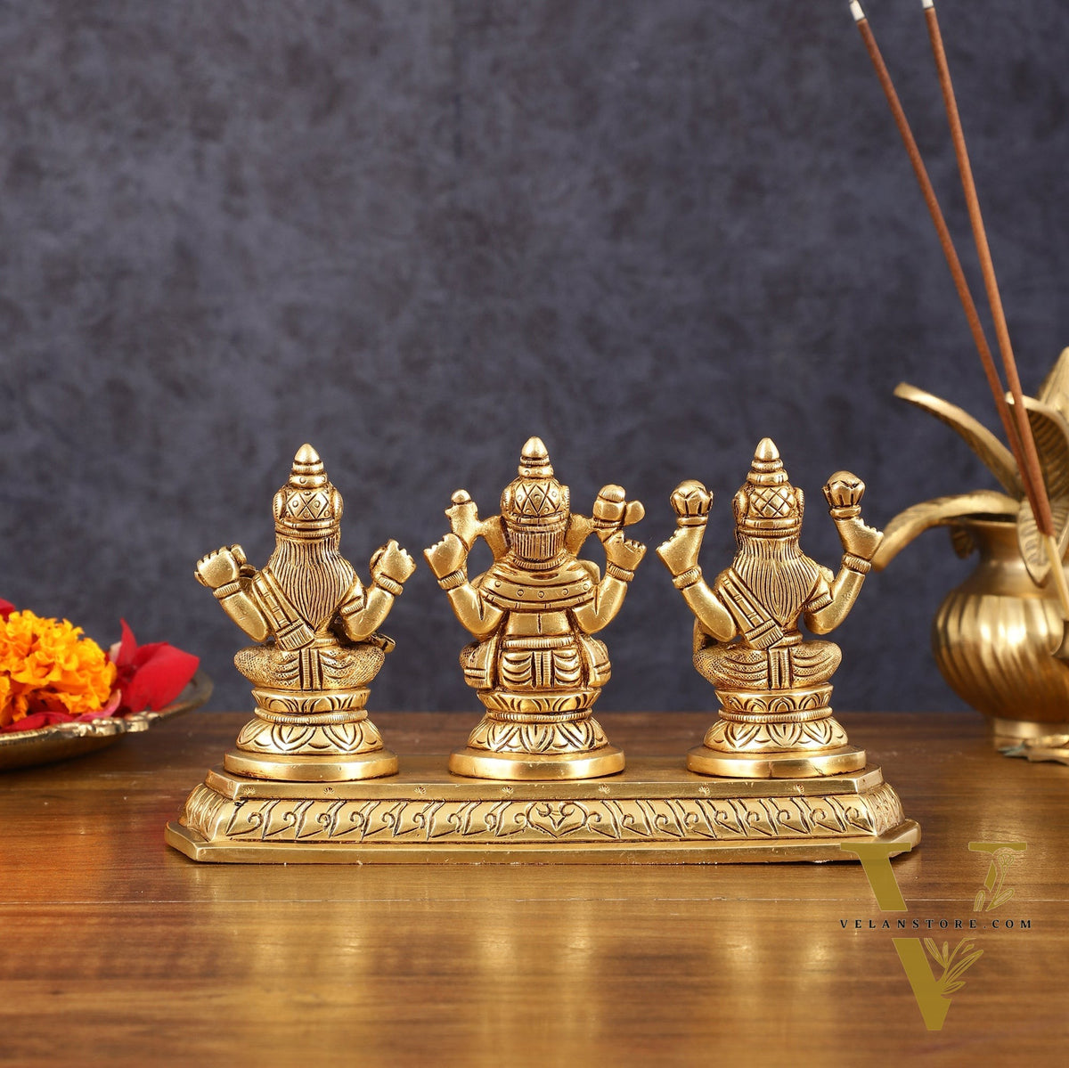 Pure Brass Superfine Ganesh Lakshmi Saraswati Idol - 4" Height