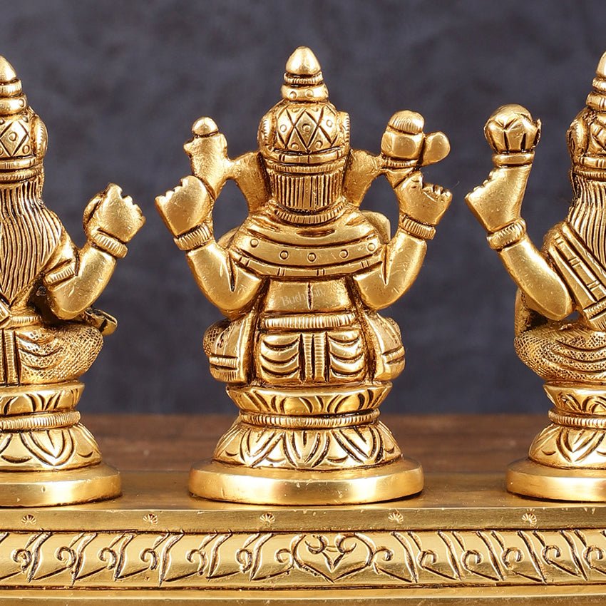 Pure Brass Superfine Ganesh Lakshmi Saraswati Idol - 4" Height