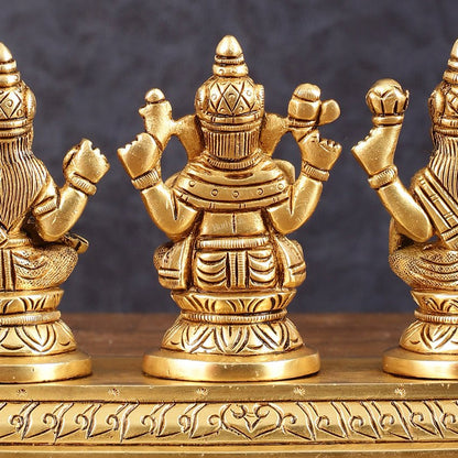 Pure Brass Superfine Ganesh Lakshmi Saraswati Idol - 4" Height