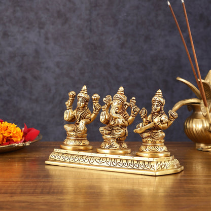 Pure Brass Superfine Ganesh Lakshmi Saraswati Idol - 4" Height