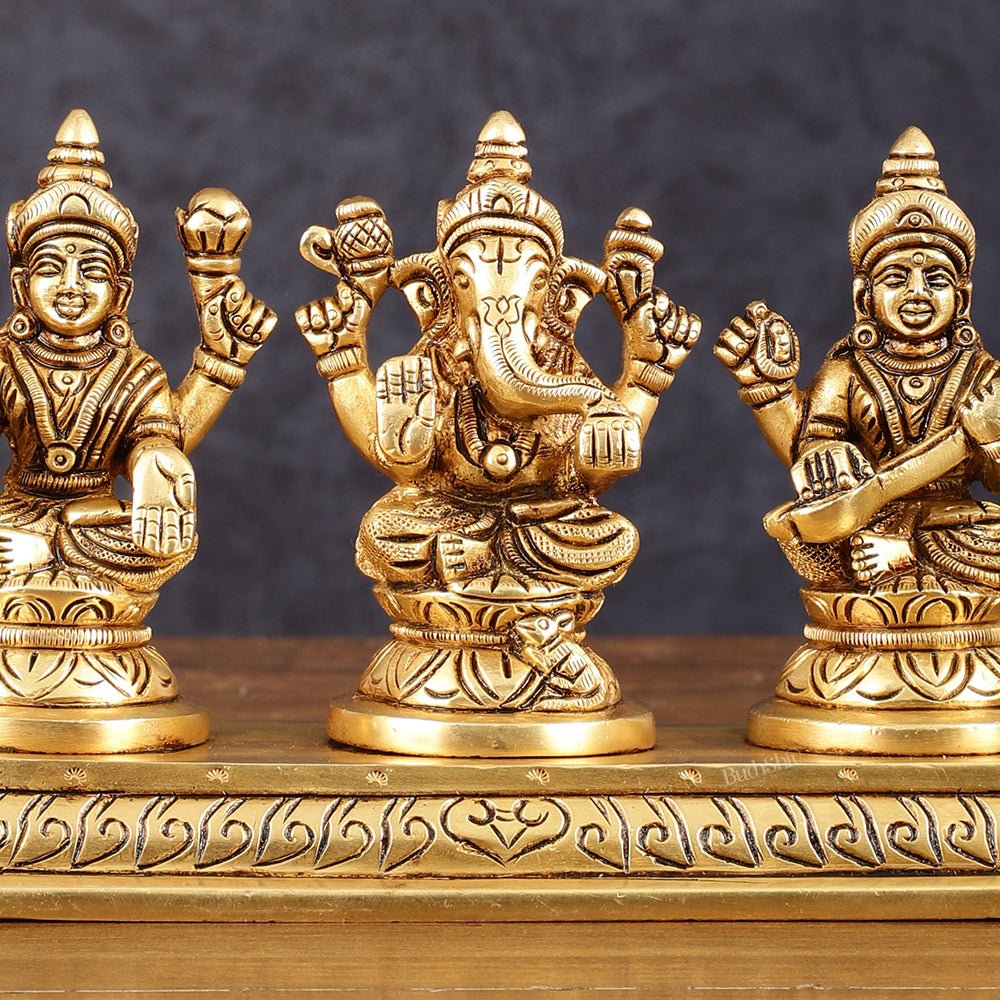 Pure Brass Superfine Ganesh Lakshmi Saraswati Idol - 4" Height