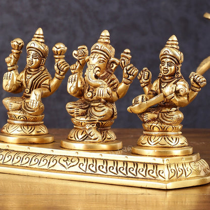 Pure Brass Superfine Ganesh Lakshmi Saraswati Idol - 4" Height