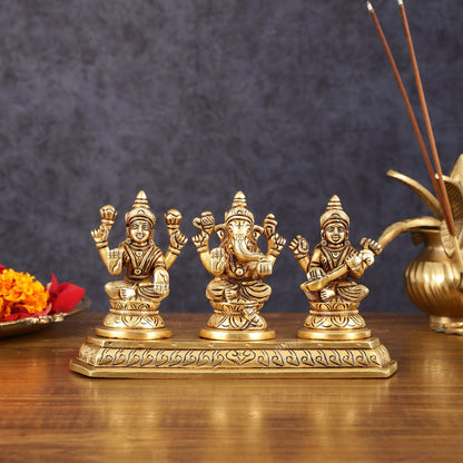 Pure Brass Superfine Ganesh Lakshmi Saraswati Idol - 4" Height