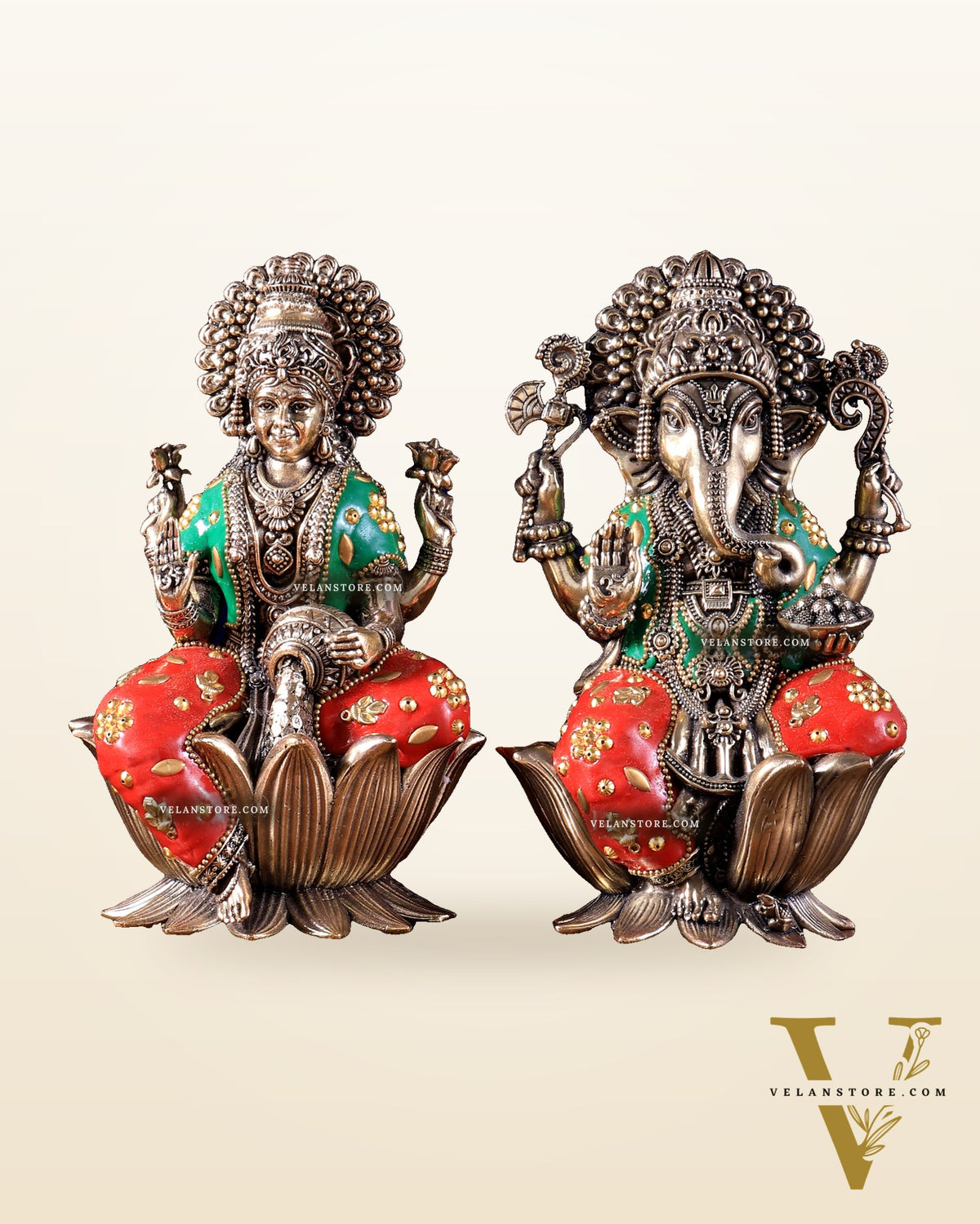 Pure Brass Superfine Ganesha Lakshmi Idol Set – Available in 4, 6 & 8 Inches meenakari