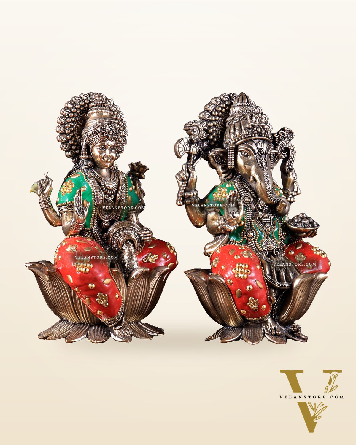 Pure Brass Superfine Ganesha Lakshmi Idol Set – Available in 4, 6 & 8 Inches meenakari