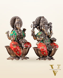Pure Brass Superfine Ganesha Lakshmi Idol Set – Available in 4, 6 & 8 Inches meenakari