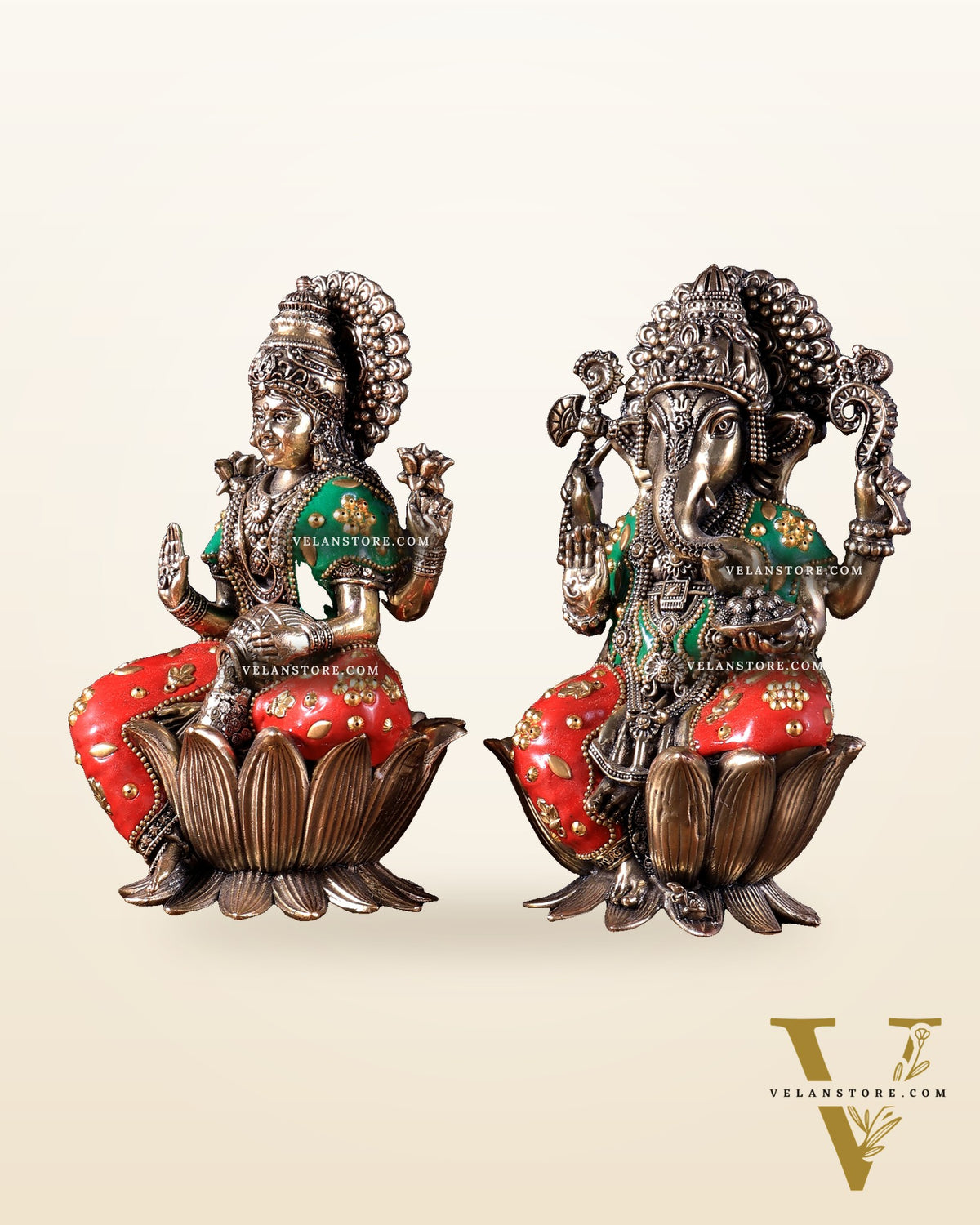 Pure Brass Superfine Ganesha Lakshmi Idol Set – Available in 4, 6 & 8 Inches meenakari