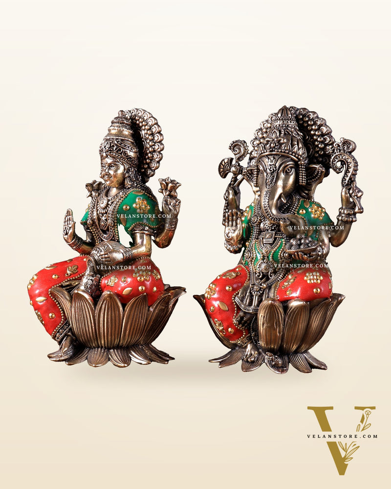 Pure Brass Superfine Ganesha Lakshmi Idol Set – Available in 4, 6 & 8 Inches meenakari