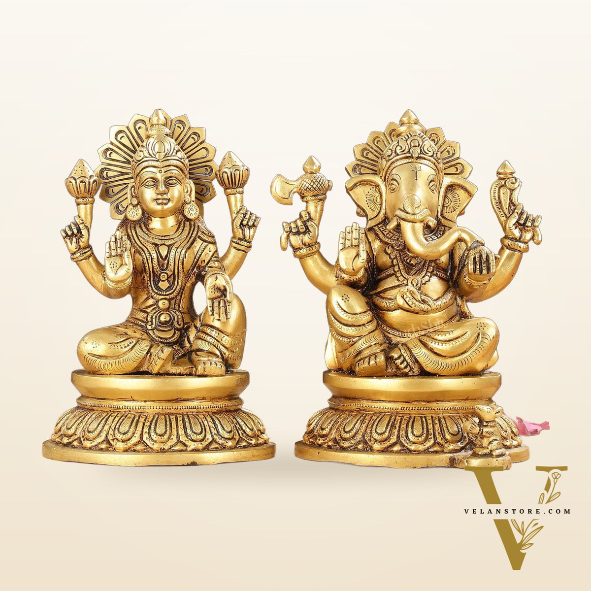 Pure Brass Superfine Ganesha Lakshmi Idols - Exquisite 8-Inch pair