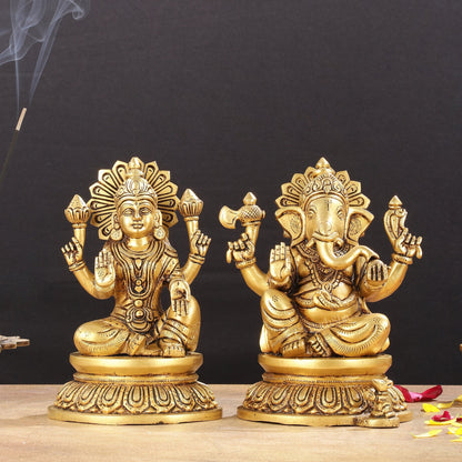 Pure Brass Superfine Ganesha Lakshmi Idols - Exquisite 8-Inch pair