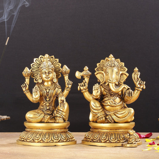 Pure Brass Superfine Ganesha Lakshmi Idols - Exquisite 8-Inch pair