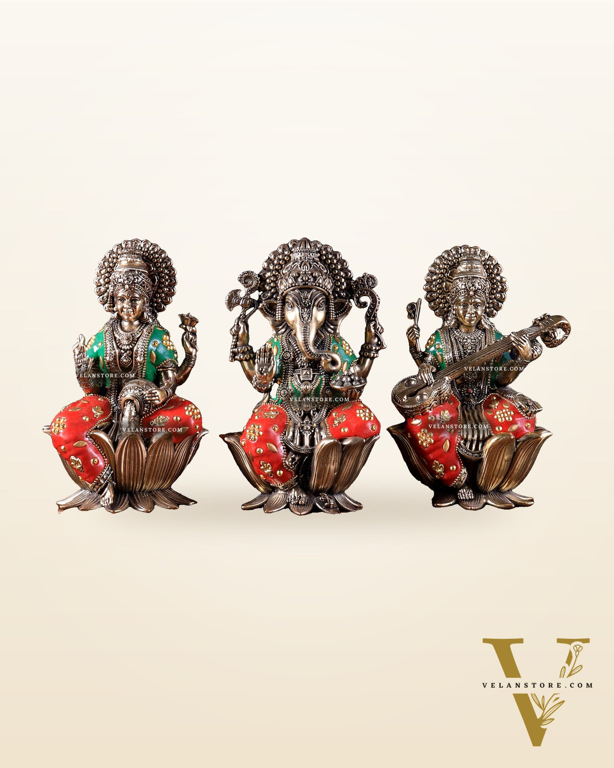 Pure Brass Superfine Ganesha Lakshmi Saraswati Idol Set – Available in 4, 6 & 8 Inches with meenakari