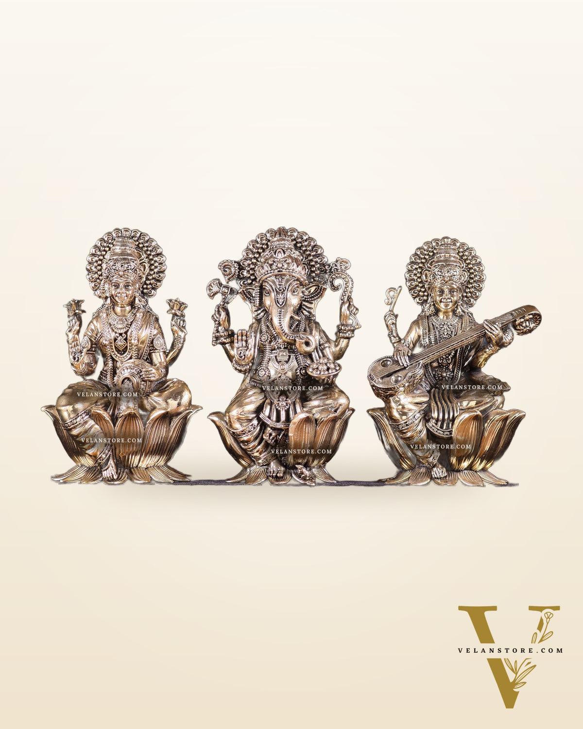 Pure Brass Superfine Ganesha Lakshmi Saraswati Idol Set – Available in 4, 6 & 8 Inches