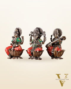 Pure Brass Superfine Ganesha Lakshmi Saraswati Idol Set – Available in 4, 6 & 8 Inches with meenakari