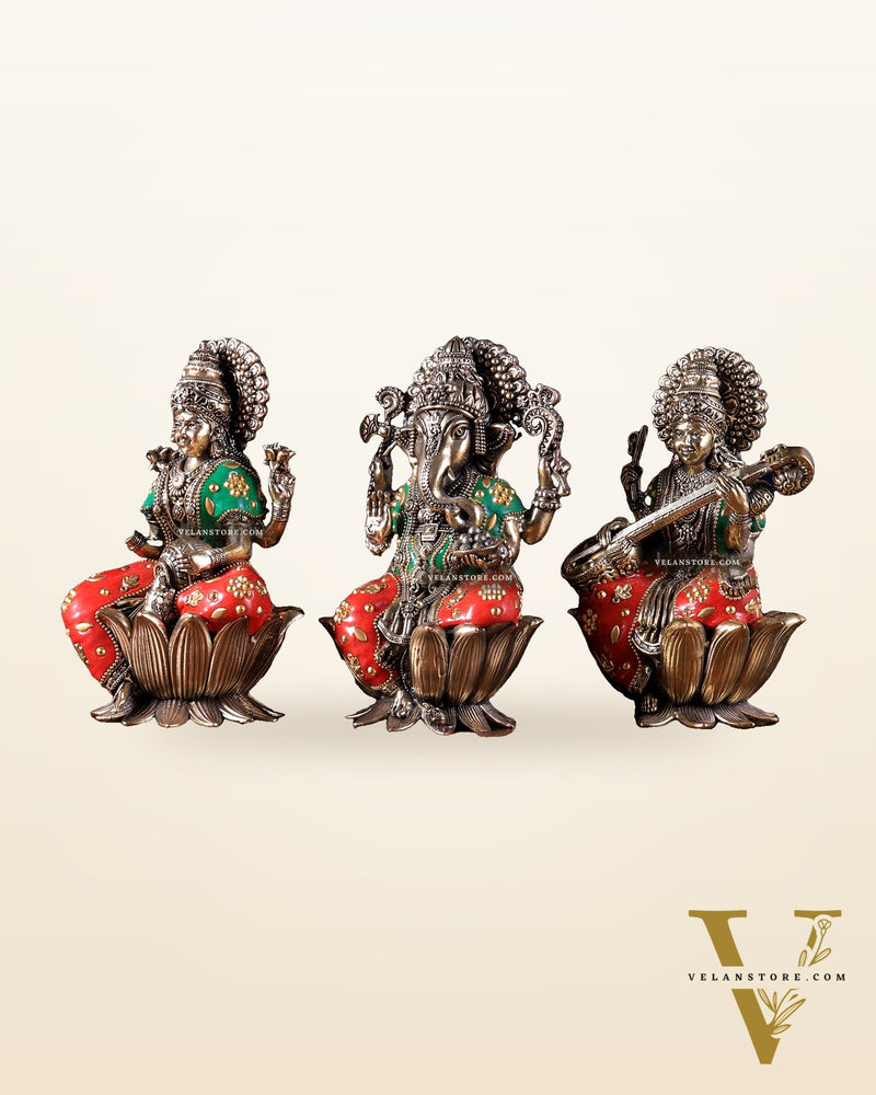 Pure Brass Superfine Ganesha Lakshmi Saraswati Idol Set – Available in 4, 6 & 8 Inches with meenakari