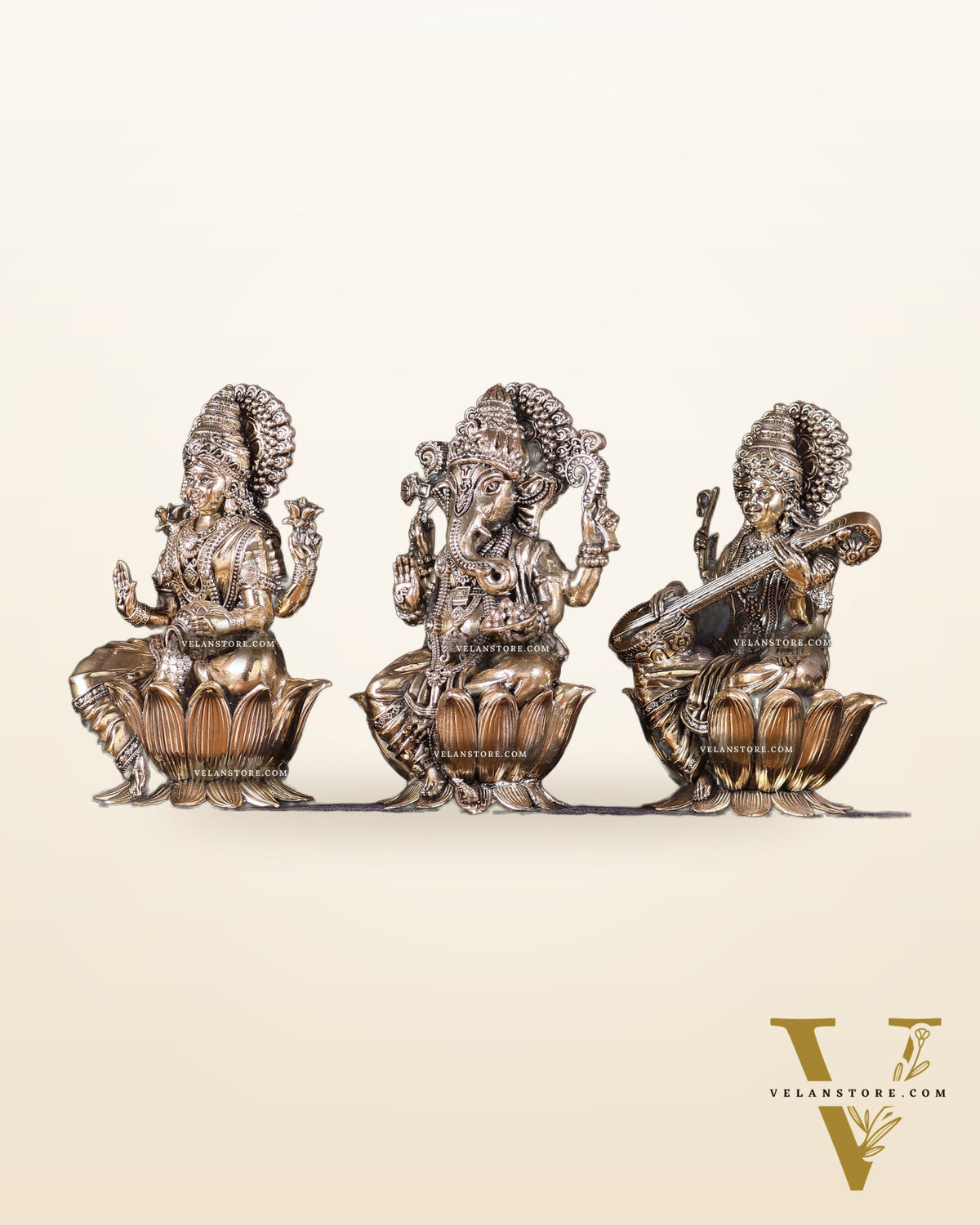 Pure Brass Superfine Ganesha Lakshmi Saraswati Idol Set – Available in 4, 6 & 8 Inches