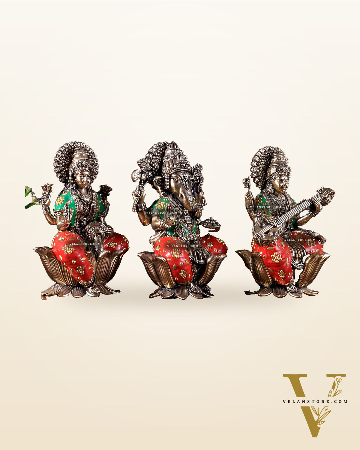 Pure Brass Superfine Ganesha Lakshmi Saraswati Idol Set – Available in 4, 6 & 8 Inches with meenakari
