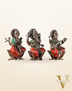 Pure Brass Superfine Ganesha Lakshmi Saraswati Idol Set – Available in 4, 6 & 8 Inches with meenakari