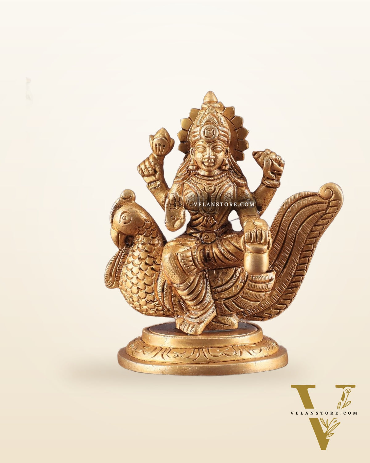 Pure Brass Superfine Goddess Gayatri Sitting on Swan Idol 4.5"