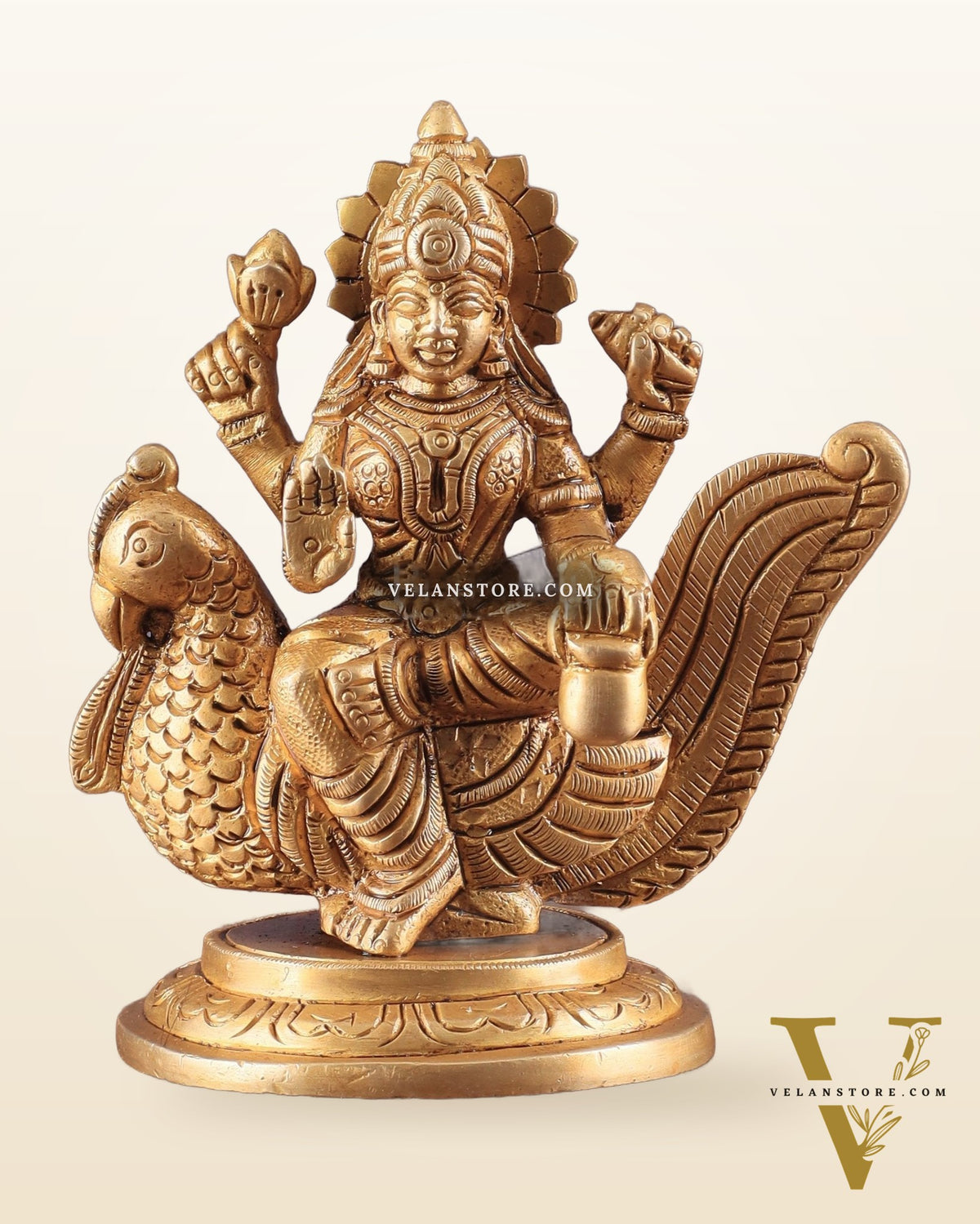 Pure Brass Superfine Goddess Gayatri Sitting on Swan Idol 4.5"