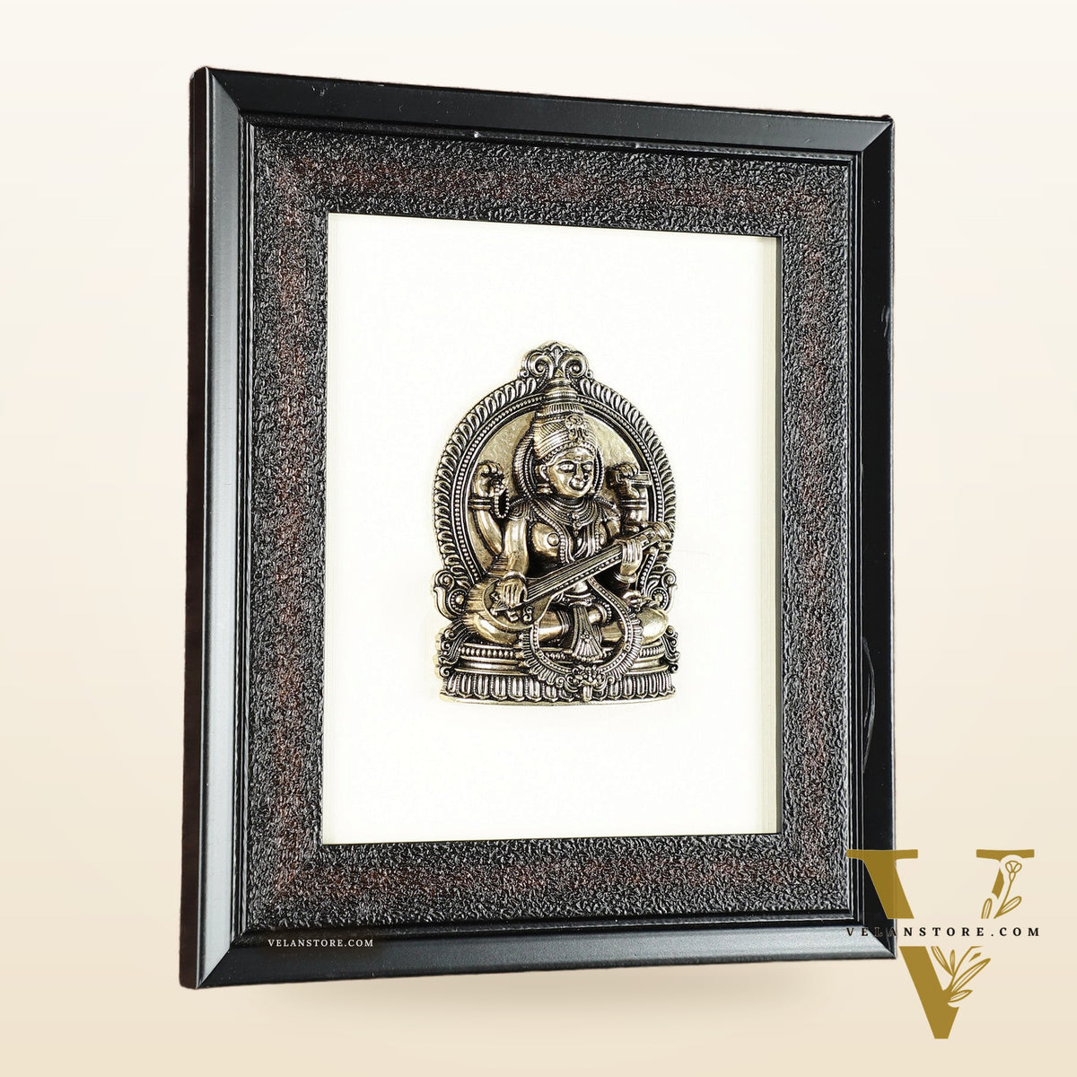 Pure Brass Superfine Goddess Saraswati Hanging on Wooden Frame - 9.5 Inch