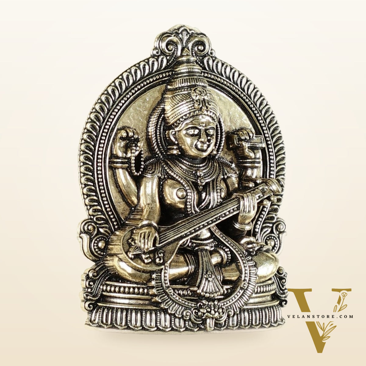 Pure Brass Superfine Goddess Saraswati Hanging on Wooden Frame - 9.5 Inch