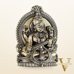 Pure Brass Superfine Goddess Saraswati Hanging on Wooden Frame - 9.5 Inch