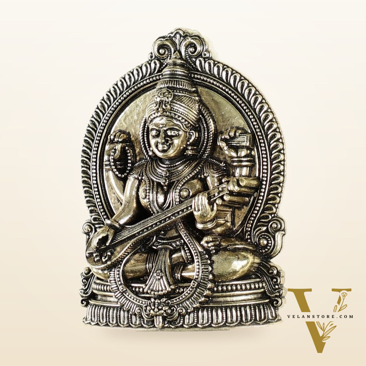 Pure Brass Superfine Goddess Saraswati Hanging on Wooden Frame - 9.5 Inch
