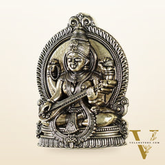 Pure Brass Superfine Goddess Saraswati Hanging on Wooden Frame - 9.5 Inch