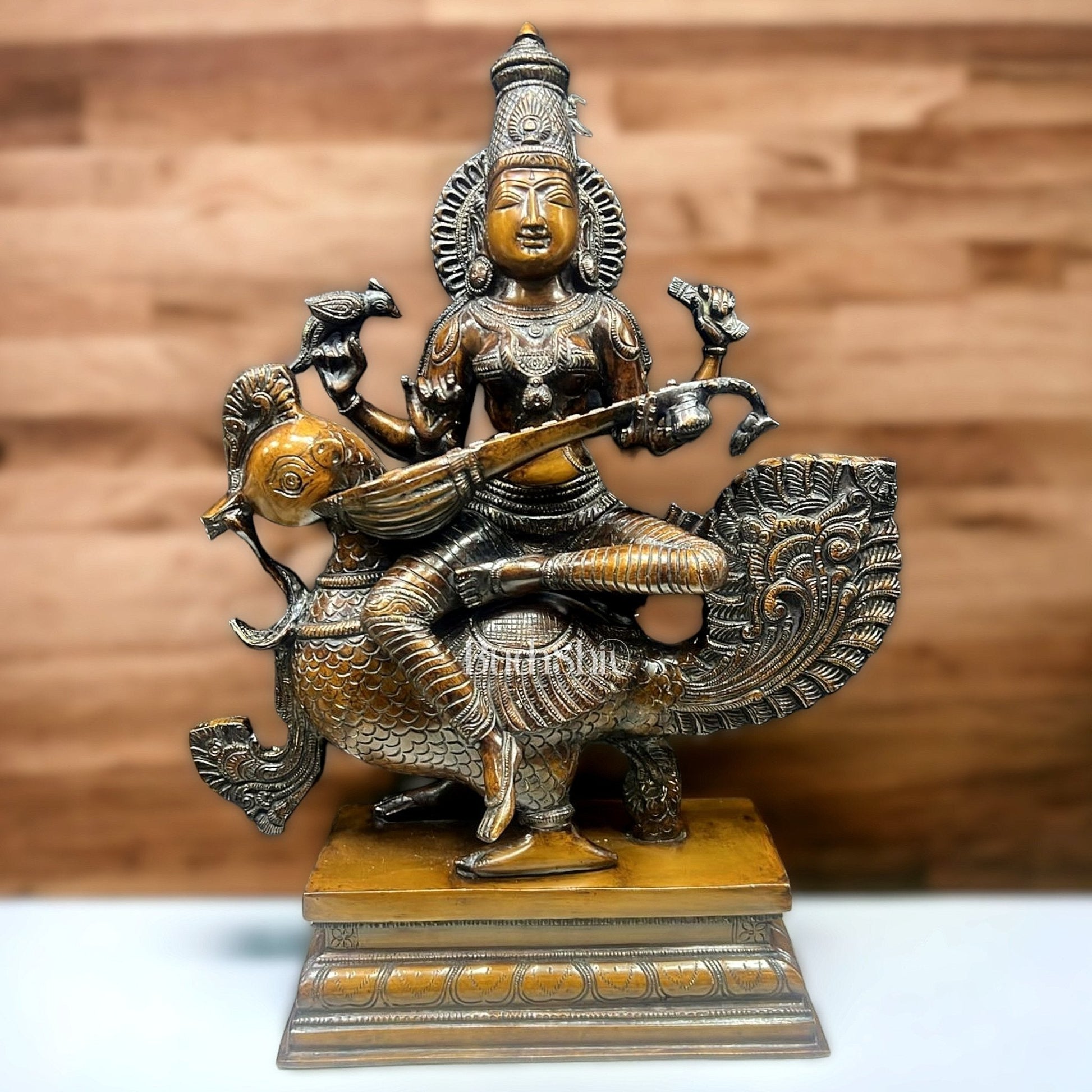 Pure Brass Superfine Goddess Saraswati Statue - 20" Height | Antique Bronze Touch"