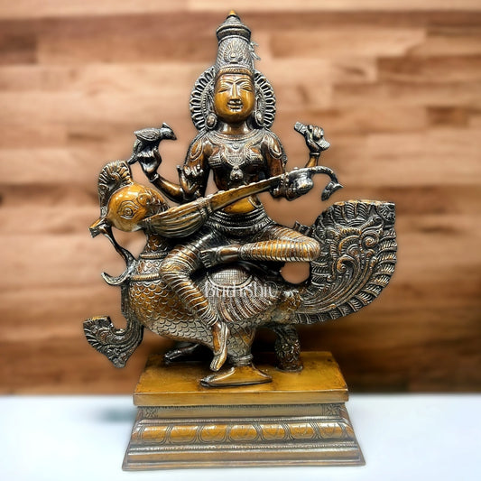 Pure Brass Superfine Goddess Saraswati Statue - 20" Height | Antique Bronze Touch"