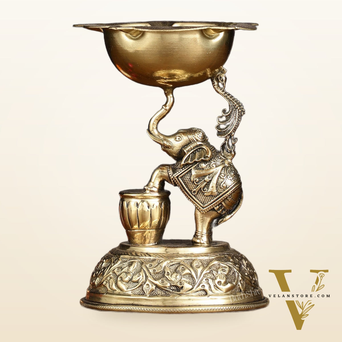 Pure Brass Superfine Intricate Jumping Elephant Oil Lamp - Lightweight, 5" Tall
