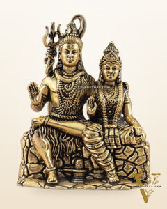 Pure Brass Superfine Intricate Shiv Parvati Idol - 5" Tall golden tone