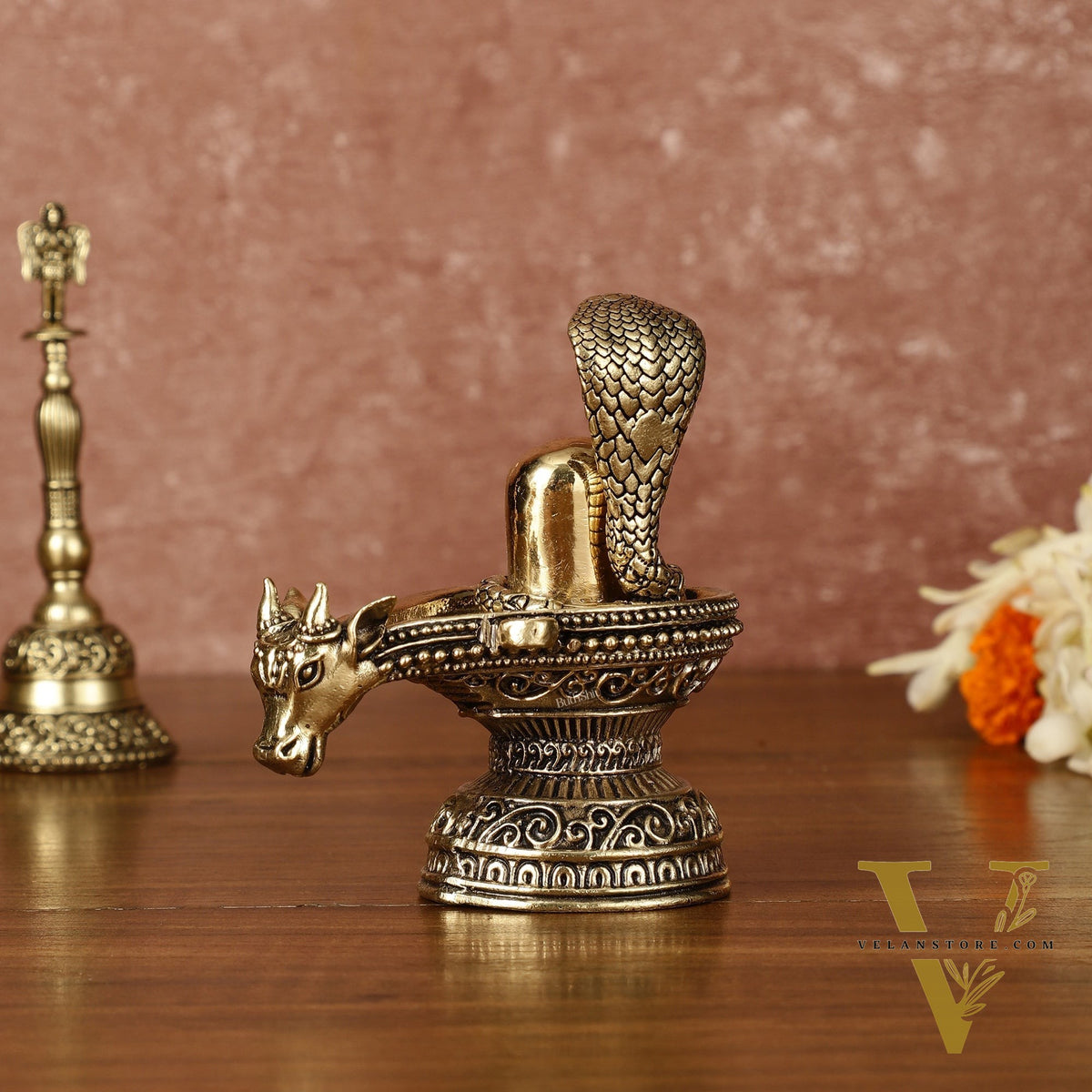 Pure Brass Superfine Intricate Shivling with Nandi Face - 4" Tall