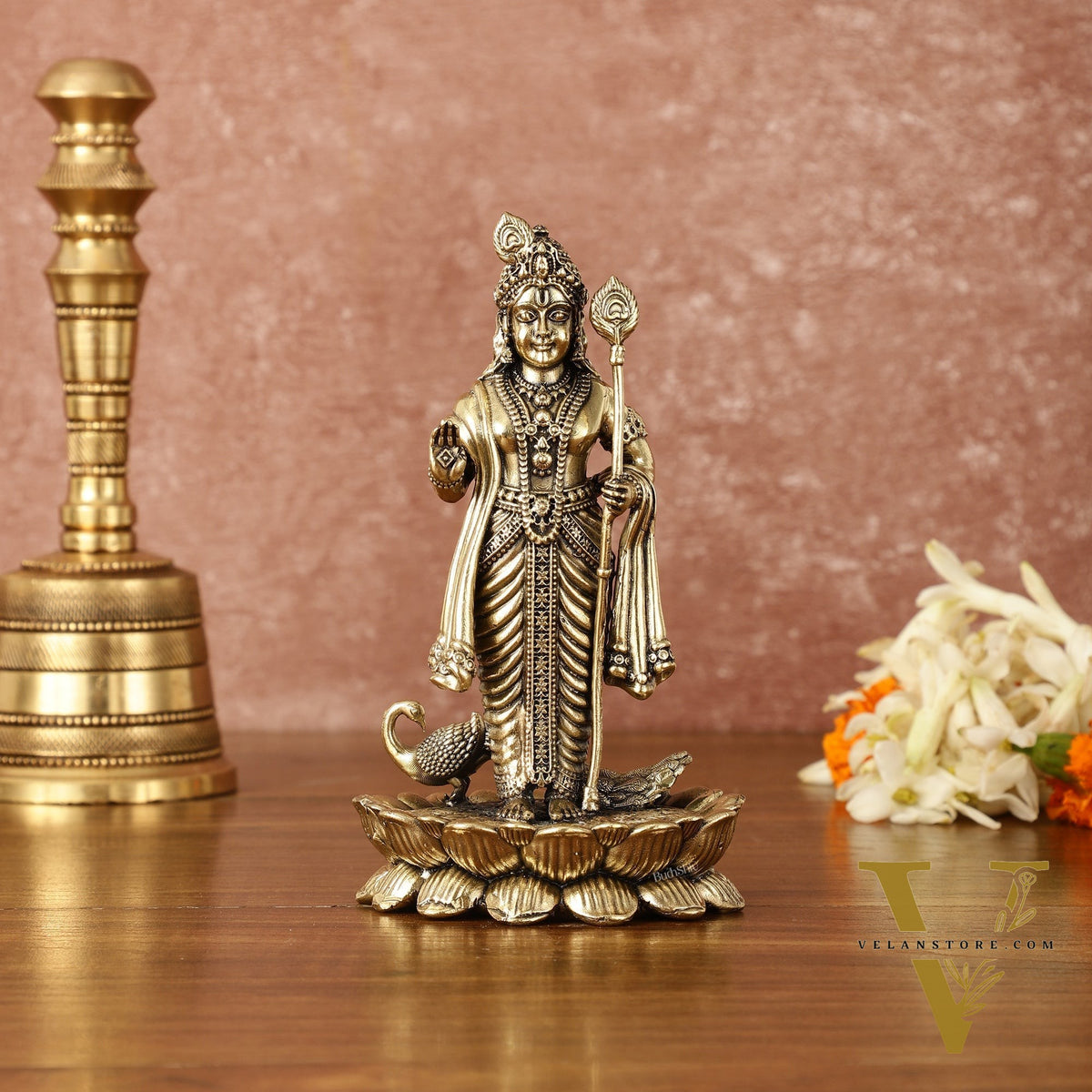 Pure Brass Superfine Intricately Carved Murugan with Peacock Idol - 6" Tall