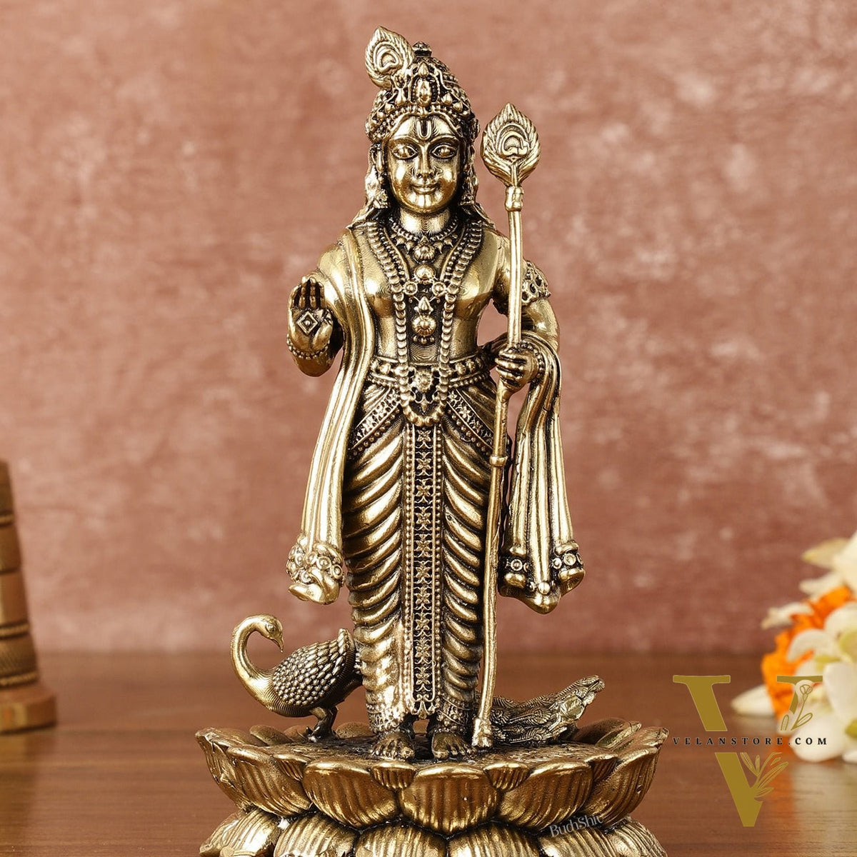 Pure Brass Superfine Intricately Carved Murugan with Peacock Idol - 6" Tall