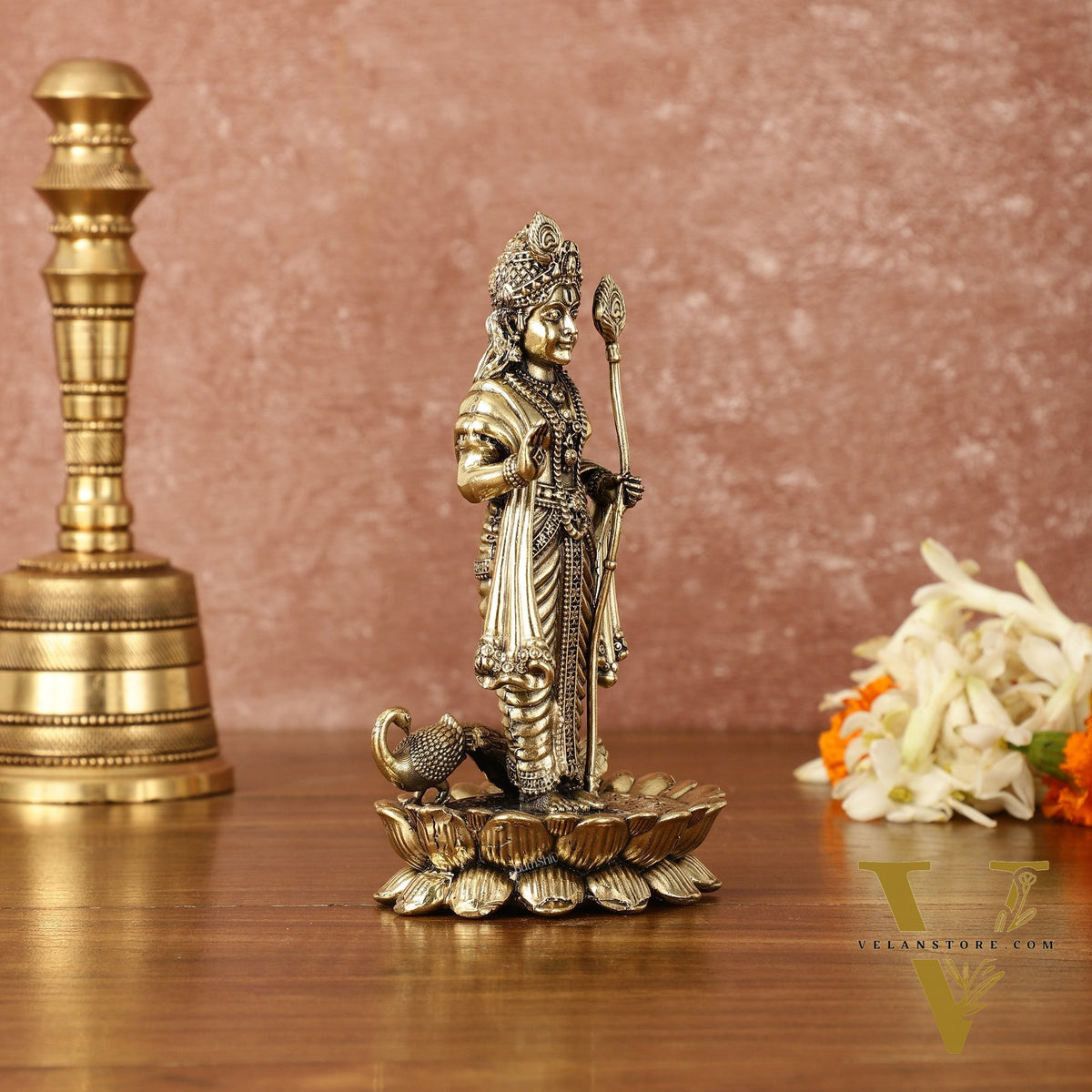 Pure Brass Superfine Intricately Carved Murugan with Peacock Idol - 6" Tall