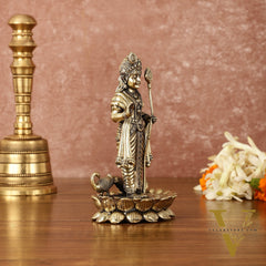 Pure Brass Superfine Intricately Carved Murugan with Peacock Idol - 6" Tall