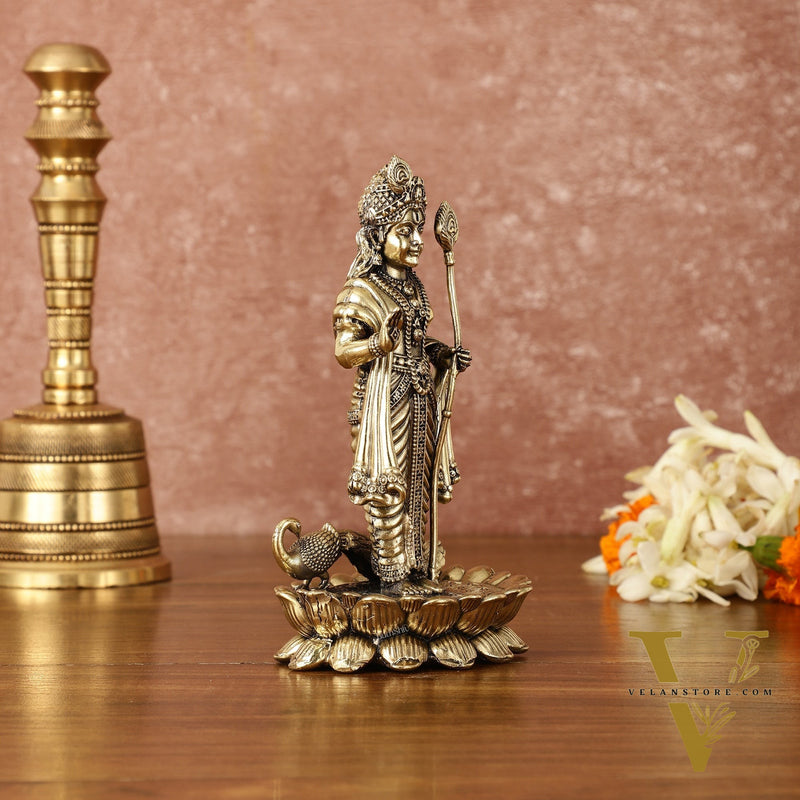 Pure Brass Superfine Intricately Carved Murugan with Peacock Idol - 6" Tall