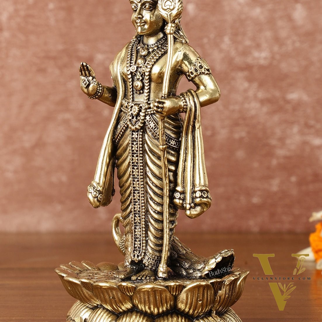 Pure Brass Superfine Intricately Carved Murugan with Peacock Idol - 6" Tall