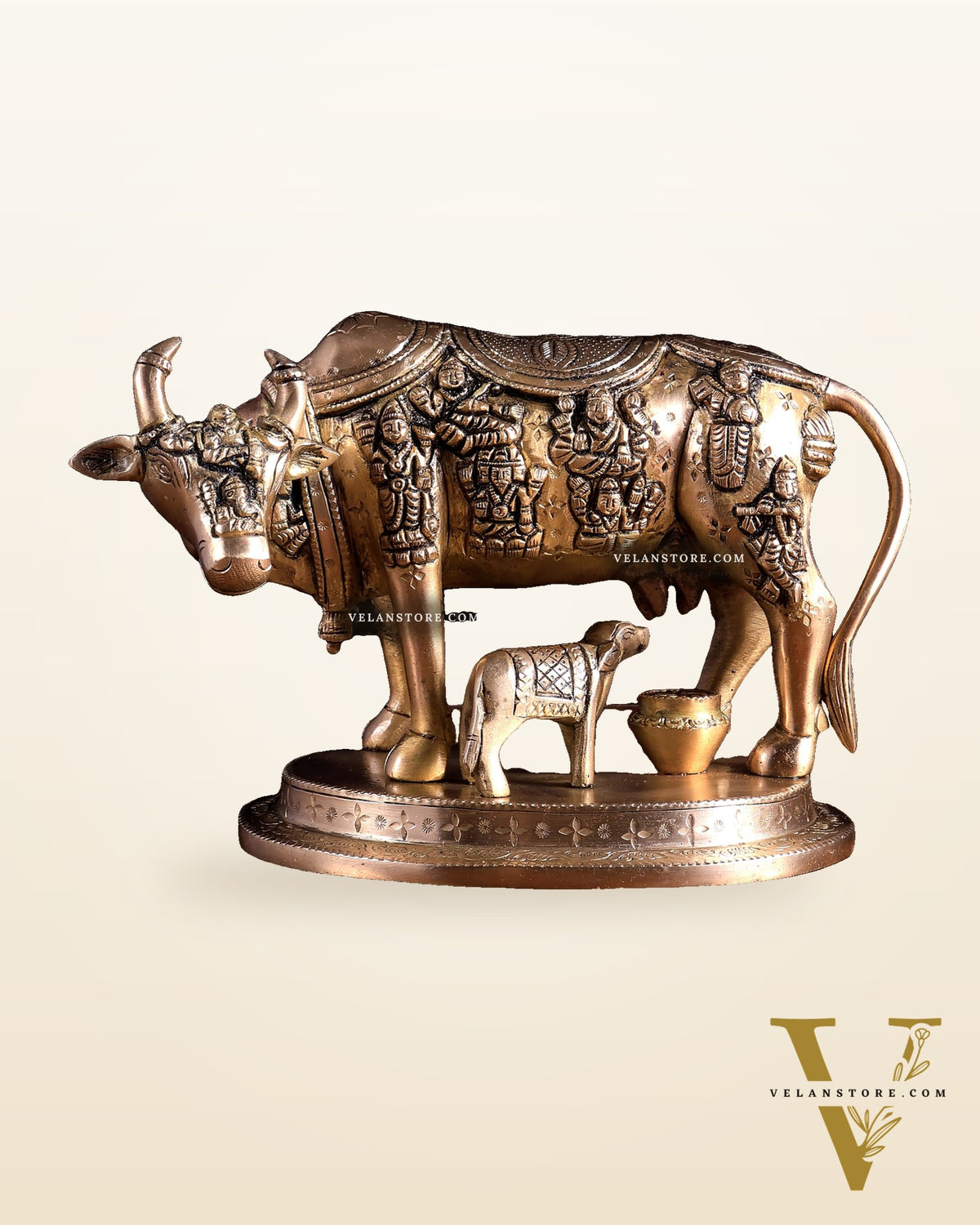 Pure Brass Superfine Kamadhenu Cow with Calf | Bleeding Brass Finish 6.5 inch