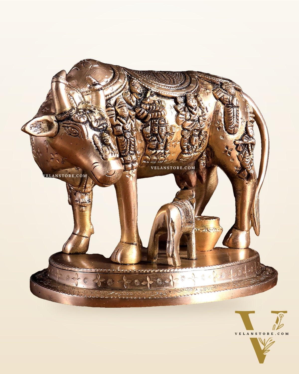 Pure Brass Superfine Kamadhenu Cow with Calf | Bleeding Brass Finish 6.5 inch