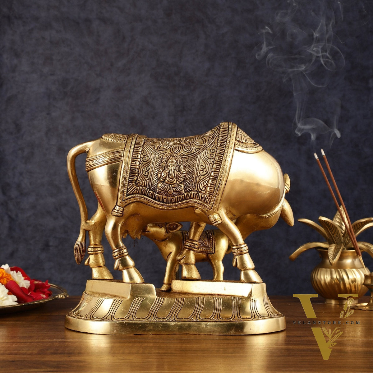 Pure Brass Superfine Kamdhenu Cow with Calf - 10"