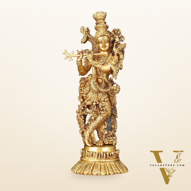 Pure Brass Superfine Krishna Idol on Lotus - 14" Elegant Sculpture