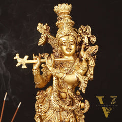 Pure Brass Superfine Krishna Idol on Lotus - 14" Elegant Sculpture