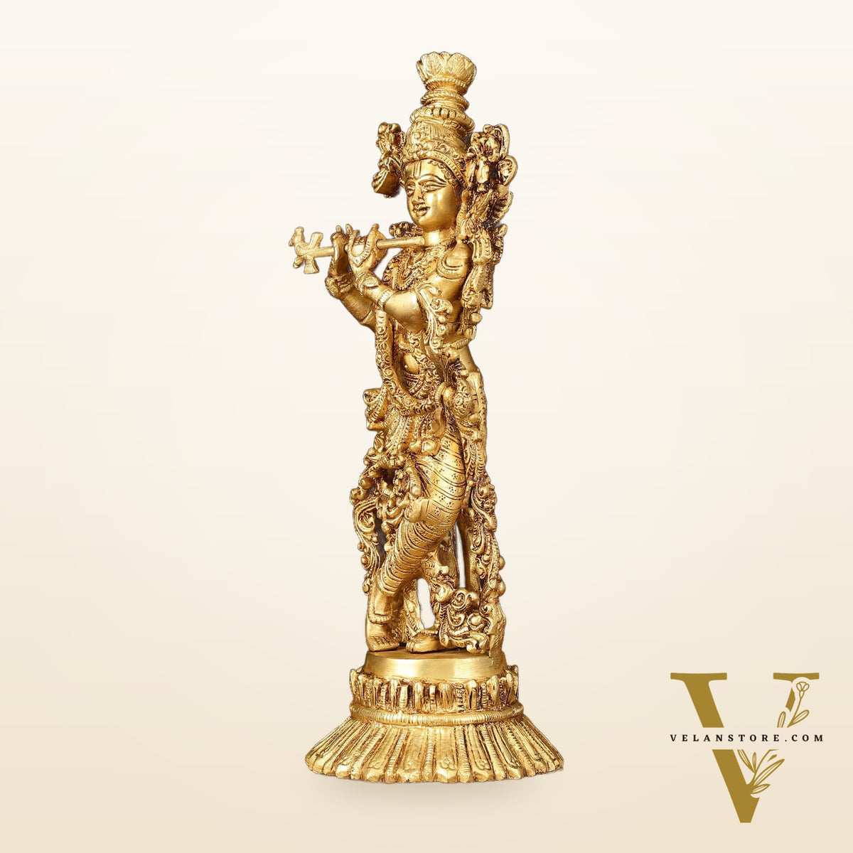 Pure Brass Superfine Krishna Idol on Lotus - 14" Elegant Sculpture