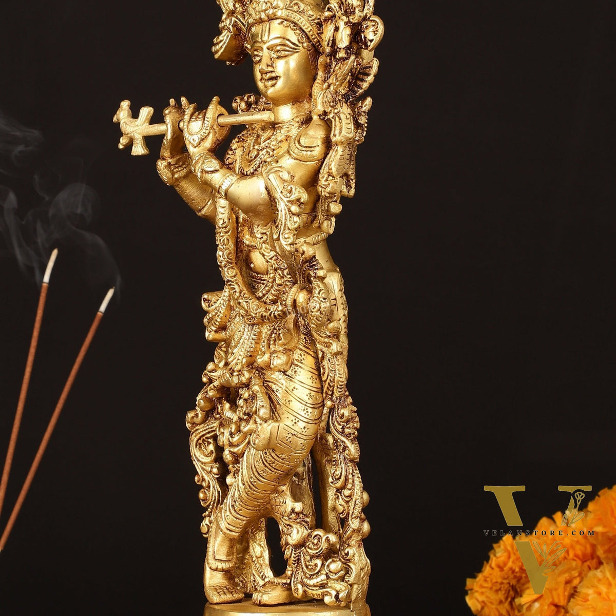 Pure Brass Superfine Krishna Idol on Lotus - 14" Elegant Sculpture